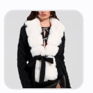 BABBS KNIT FUR TRIM CARDIGAN WITH SELF TIE BELT - S/M